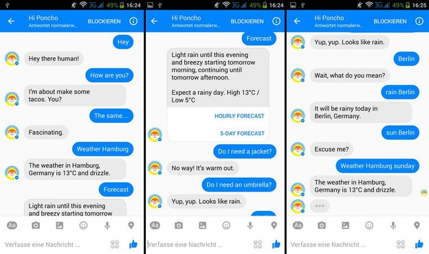 Konversation mit Poncho, Screenshot "Hi Poncho" im Facebook Messenger