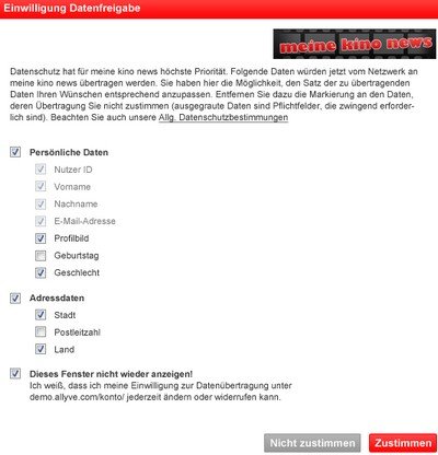 Stufe zwei: Auswahlmaske zur Freigabe von Daten aus dem sozialen NetzwerkScreenshot, Screenshot.