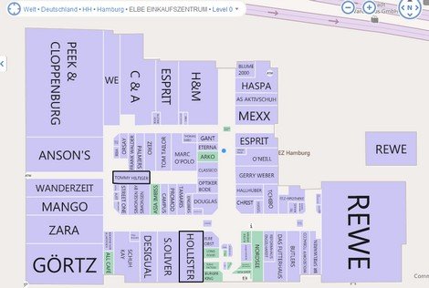 Geschäfte in Malls finden. Hier Elbe-Einkaufszentrum (Quelle: Screenshoot Bing),