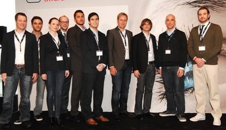 Die Finalisten des Webfuture Award 2011 v. l.: Christopher Gronwald (Mediarebellen), Sebastian Diemer (Gigalocal), Sandra Tiemann (YieldKit), Steffen Horstmannshoff (Explainity), Kjell Fischer (Apprupt), Pascal Tilgner (ICOO), Sönke Martens (Loftville.com), Kay Schneider (RevenueMax), Kai Bösel (Adventman) und Stefan Schmelzer (Finest Spots).