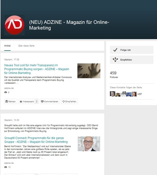 ScreenShot Adzine News auf Xing