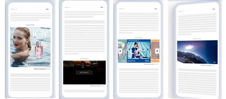 Ausgewählte interaktive Display Ads: v. l. n. r. inRead Flow, inRead Scroller, inRead Carousel und inRead 360°, Bild: Teads Bild: Teads